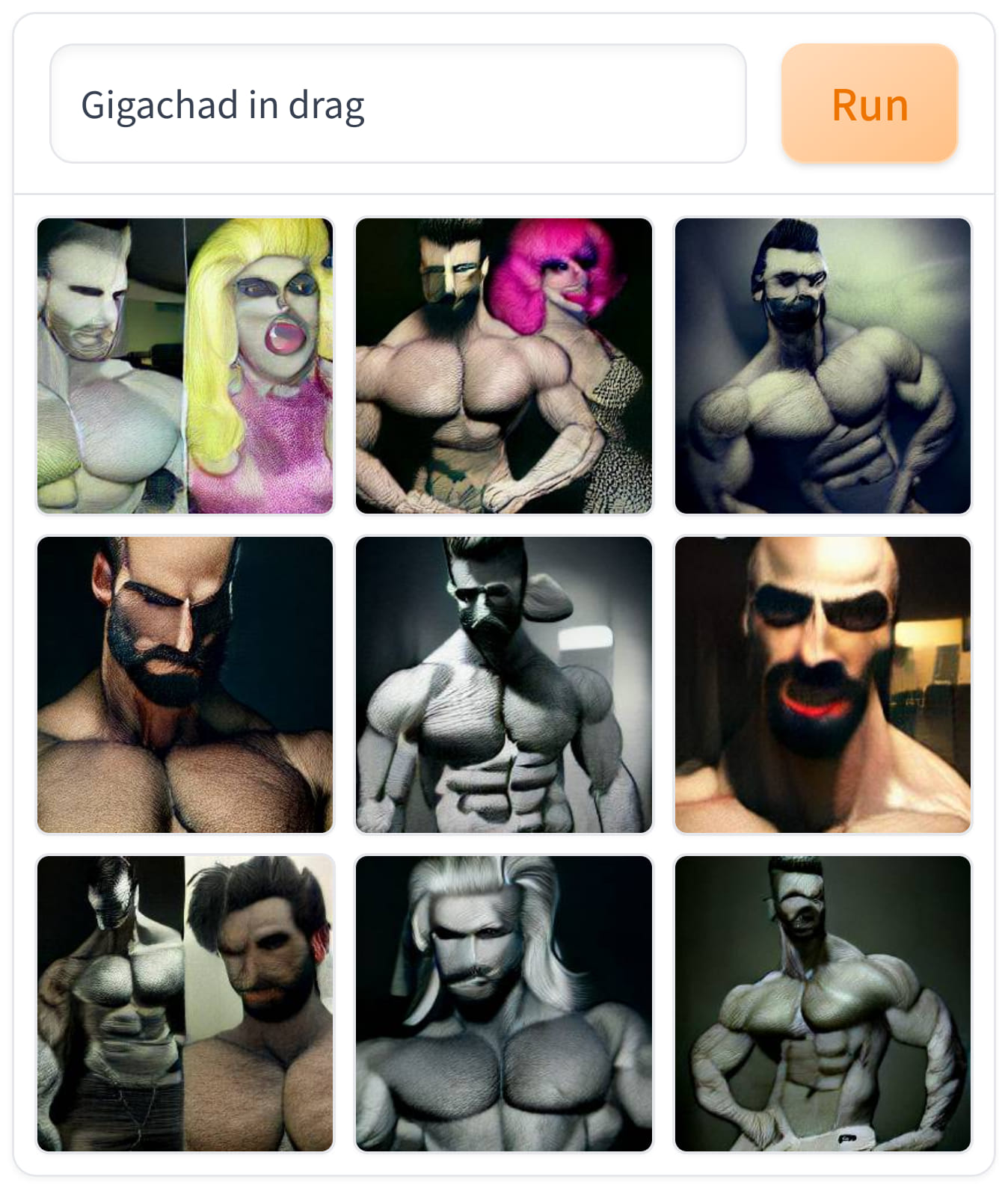 The meme is an image of a collection of AI-generated portraits of "Gigachad" from the popular internet meme, but with a twist: they're all drag queens. The text "Gigachad in drag" is written above the image, and the image itself is a collage of various "Gigachad" portraits, each with a different drag queen's face superimposed on the body of the muscular, muscular "Gigachad" character.